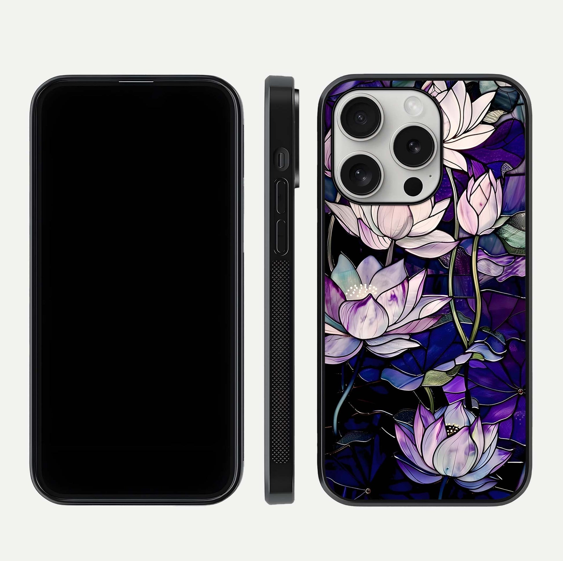 Purple Lotus Pattern Glass Case for iPhone 16 Pro front & back layout highlighting floral tones and soft edges