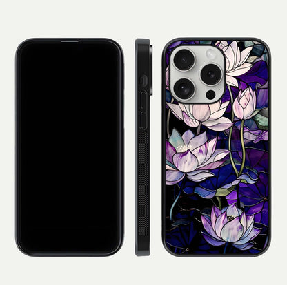 Purple Lotus Pattern Glass Case for iPhone 16 Pro front & back layout highlighting floral tones and soft edges