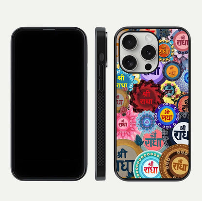 Radha Divine Bloom Glass Case for iPhone 16 Pro front & back layout showing spiritual tones and elegant edges