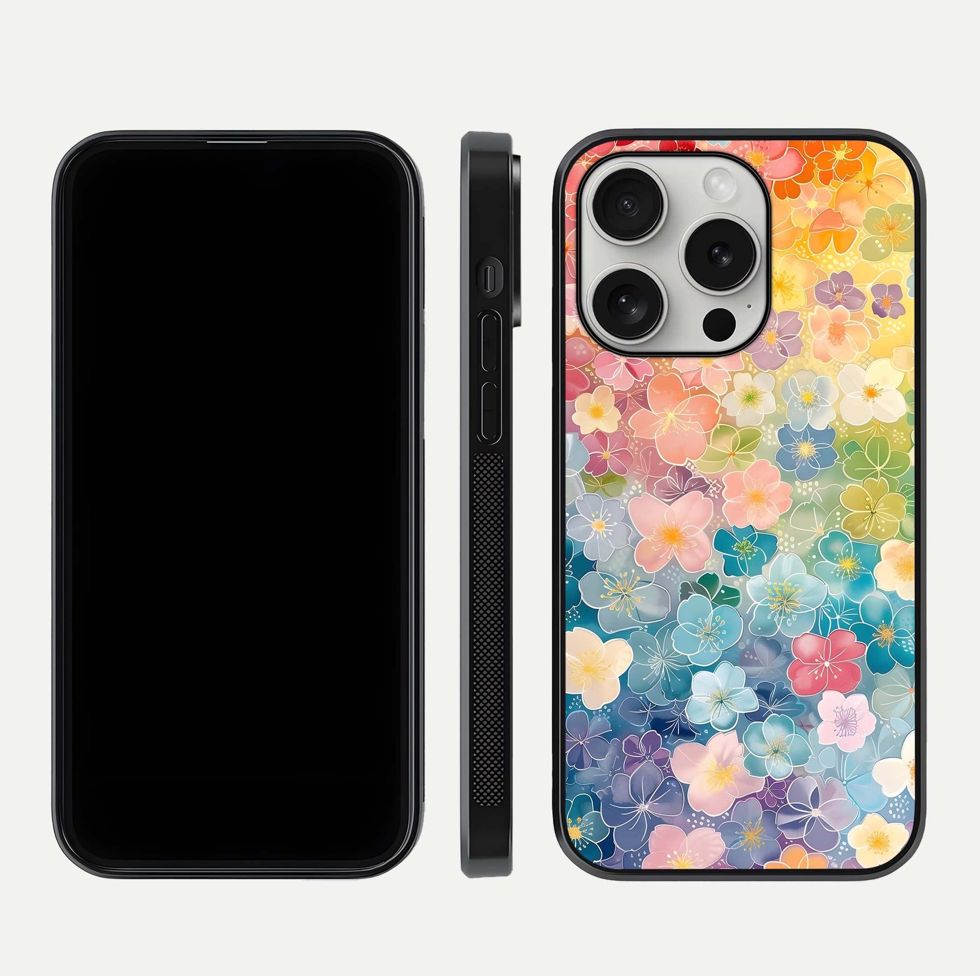 Rainbow Blossom Burst Glass Case for iPhone 16 Pro front & back layout showing bright tones and edge finish