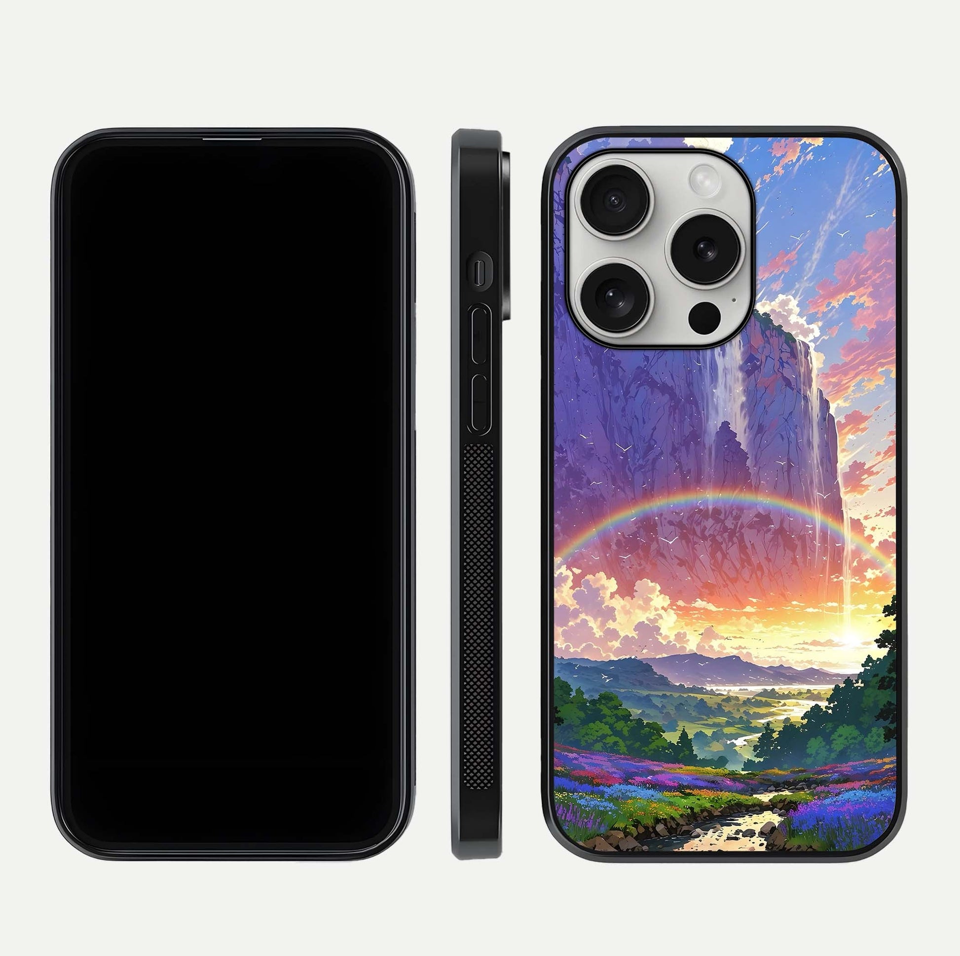 Rainbow Valley Dream Glass Case for iPhone 16 Pro front & back layout showing smooth color blend and curved edge