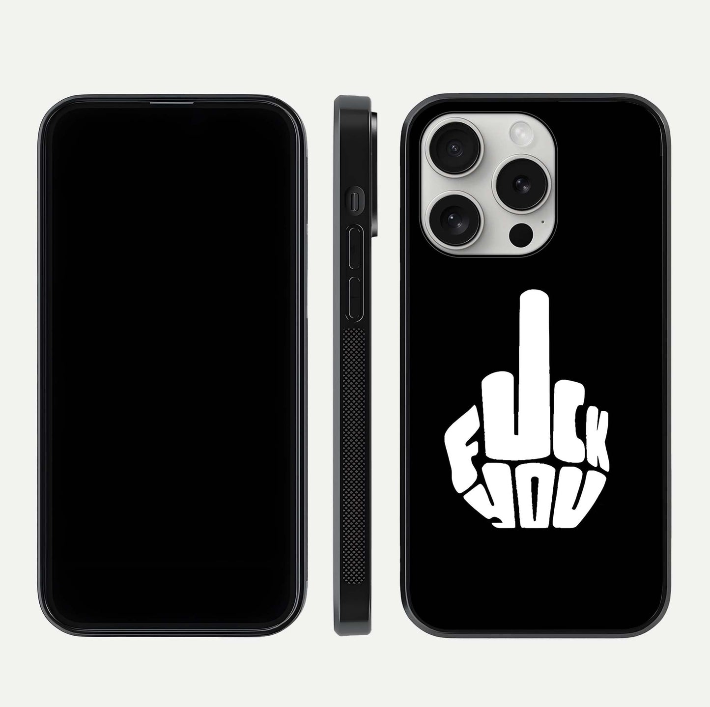 Rebel Mode On Glass Case for iPhone 16 Pro front & back layout showing minimal tone and clean edge fit
