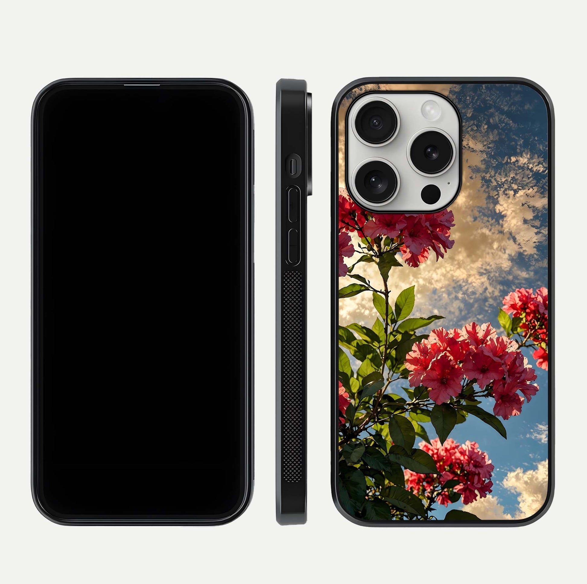 Red Bloom Skies Glass Case for iPhone 16 Pro front & back layout showing soft gradient sky tones and edges