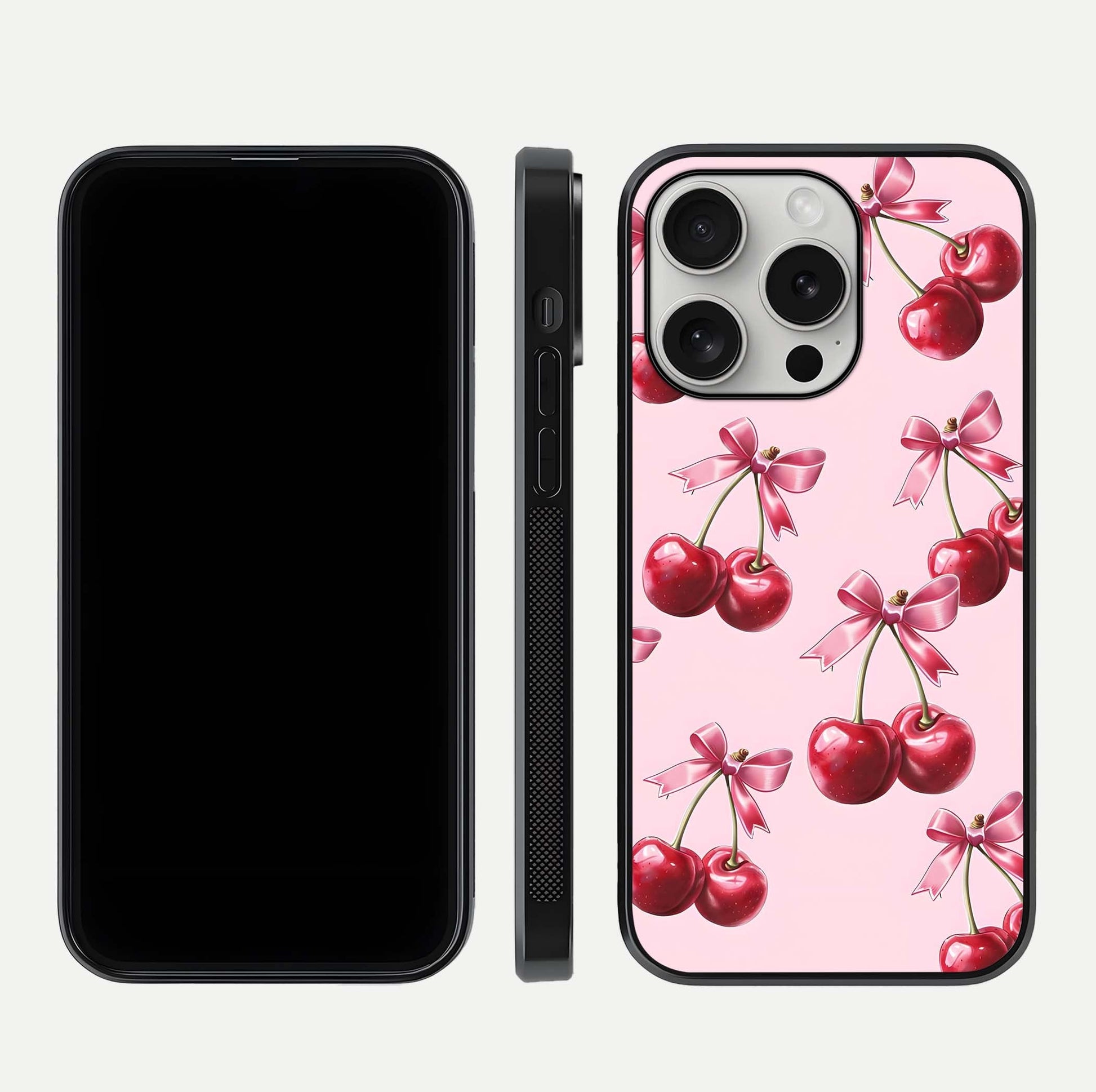 Red Cherries Pattern Glass Case for iPhone 16 Pro front & back layout highlighting vibrant fruit print and edges