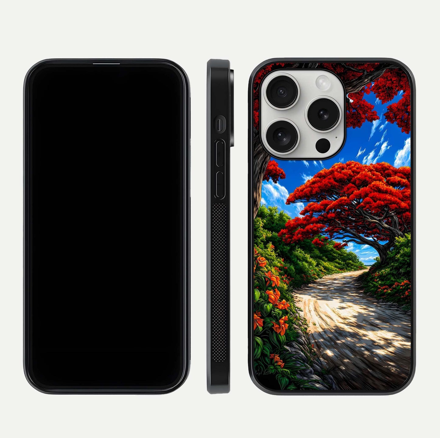 Red Trees Pathway Glass Case for iPhone 16 Pro front & back layout showing scenic tone blend and edges