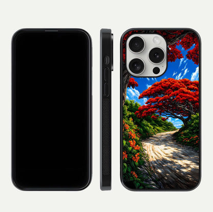 Red Trees Pathway Glass Case for iPhone 16 Pro front & back layout showing scenic tone blend and edges