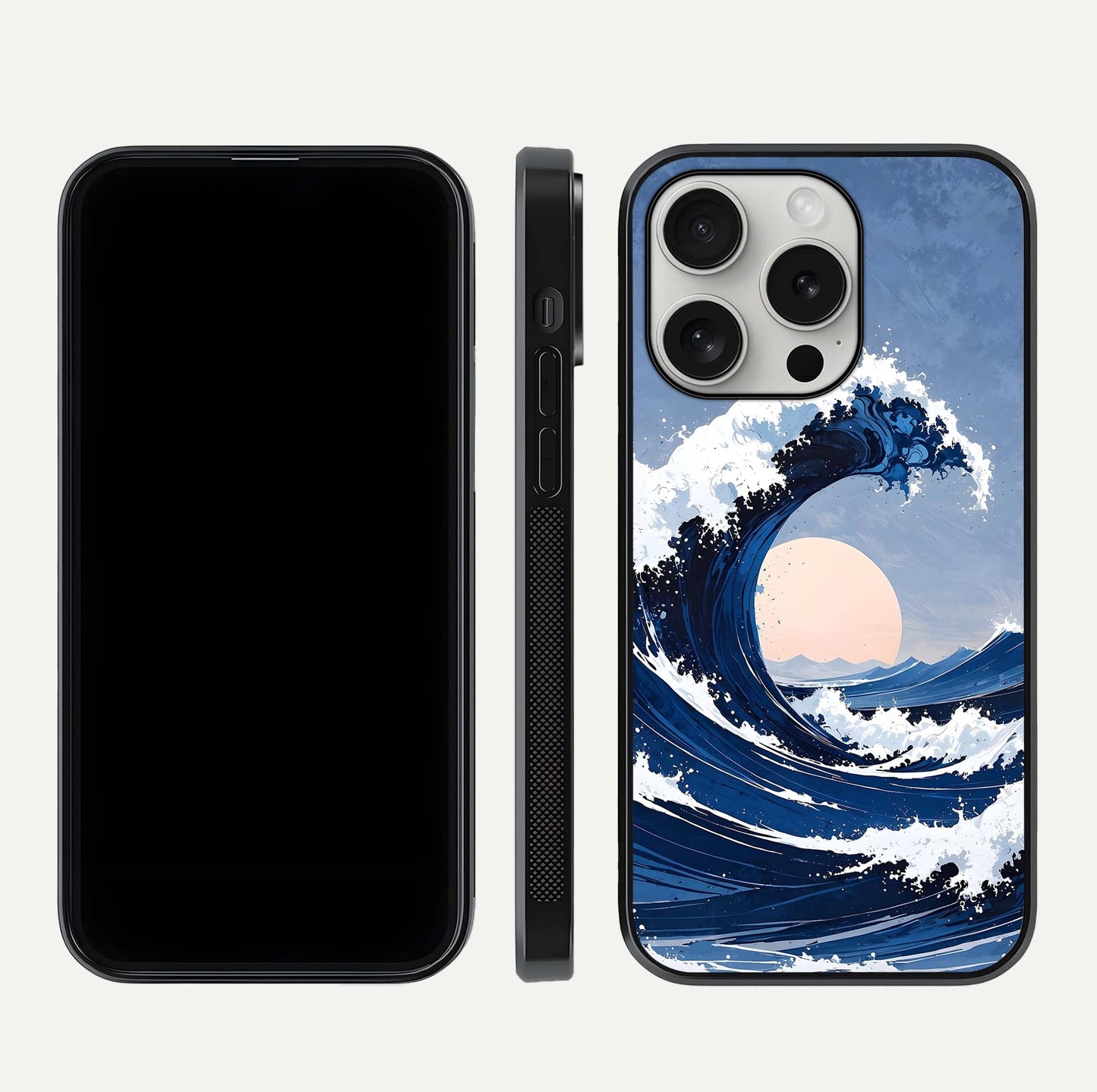 Rising Tide Power Glass Case for iPhone 16 Pro front & back layout showing ocean design and smooth glass edge