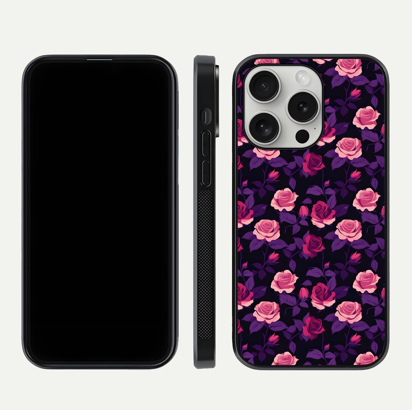 Rose Garden Twilight Glass Case for iPhone 16 Pro front & back layout showing rich twilight tones and edges