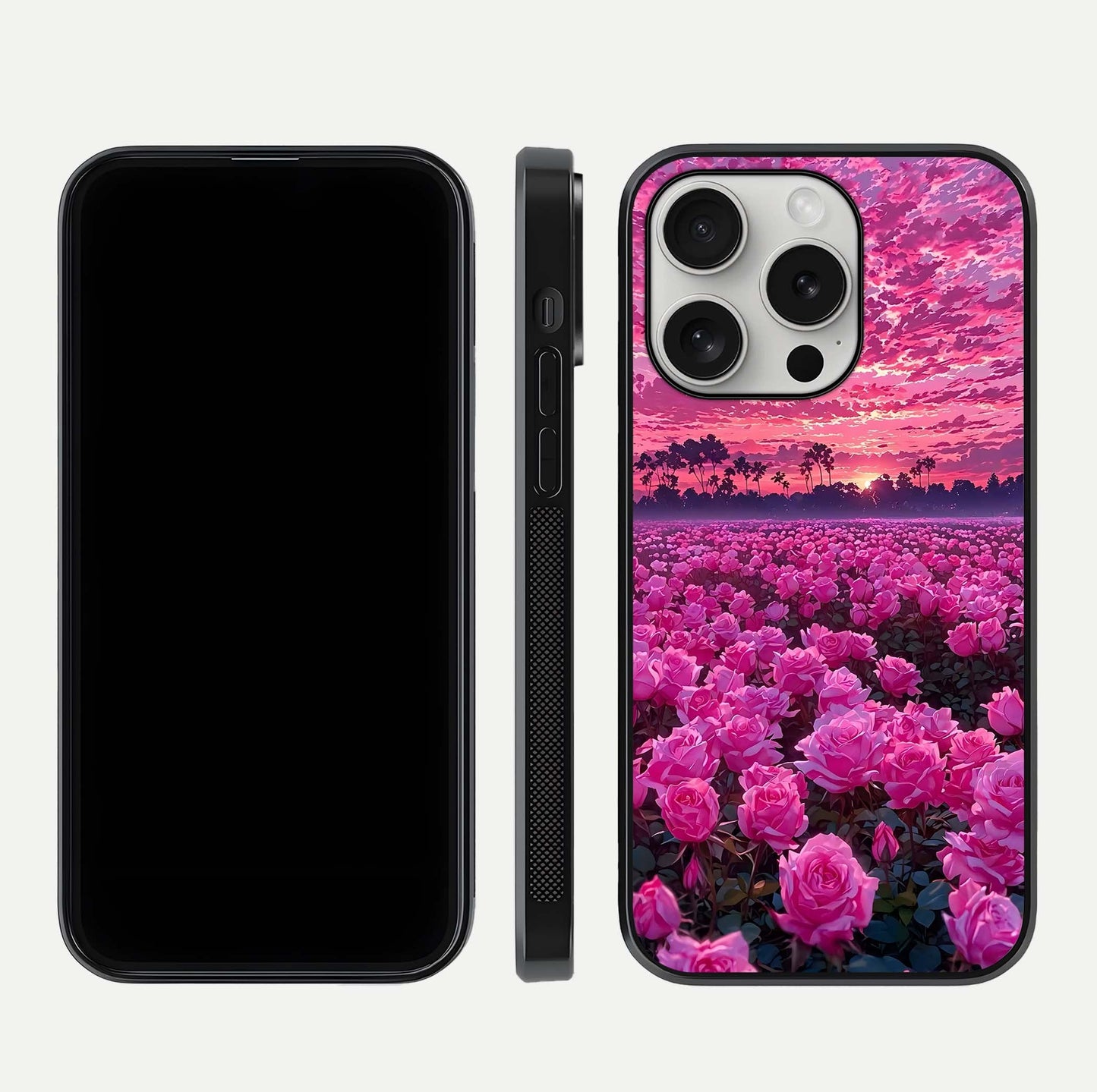 Rose Sunset Valley Glass Case for iPhone 16 Pro front & back layout highlighting gradient tones and glass shine