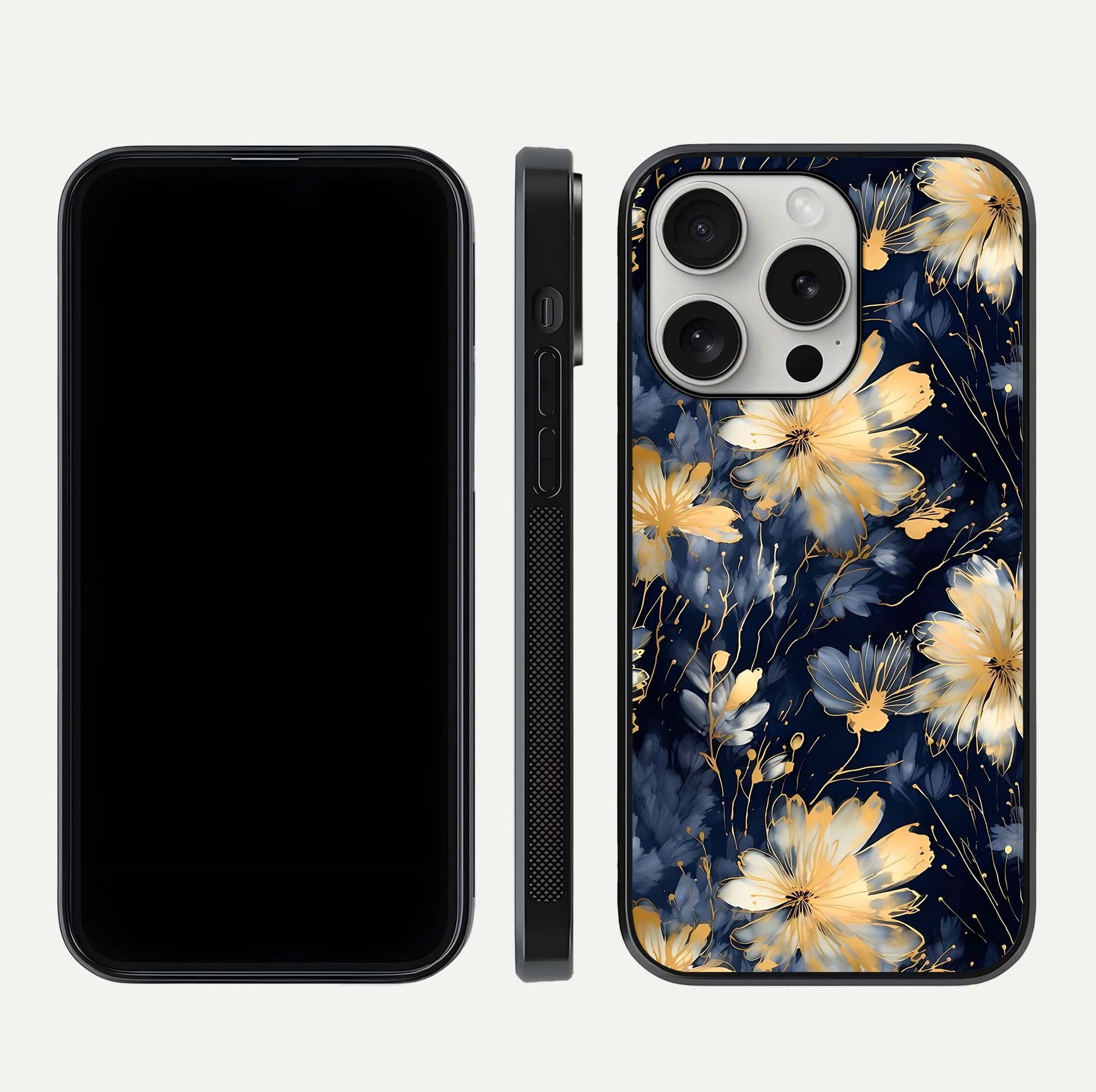 Royal Petal Dream Glass Case for iPhone 16 Pro front & back layout showing floral pattern and clean edge finish