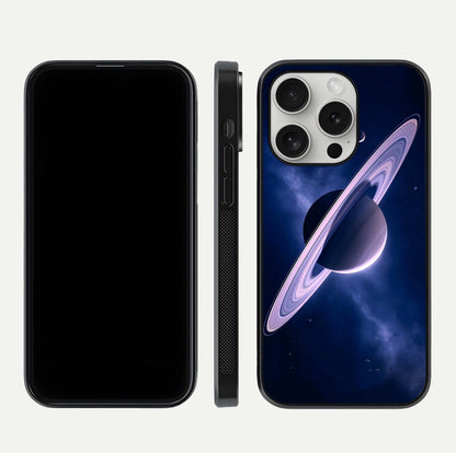 Saturn Ring Mystique Glass Case for iPhone 16 Pro front & back layout showing cosmic tones and edge glow