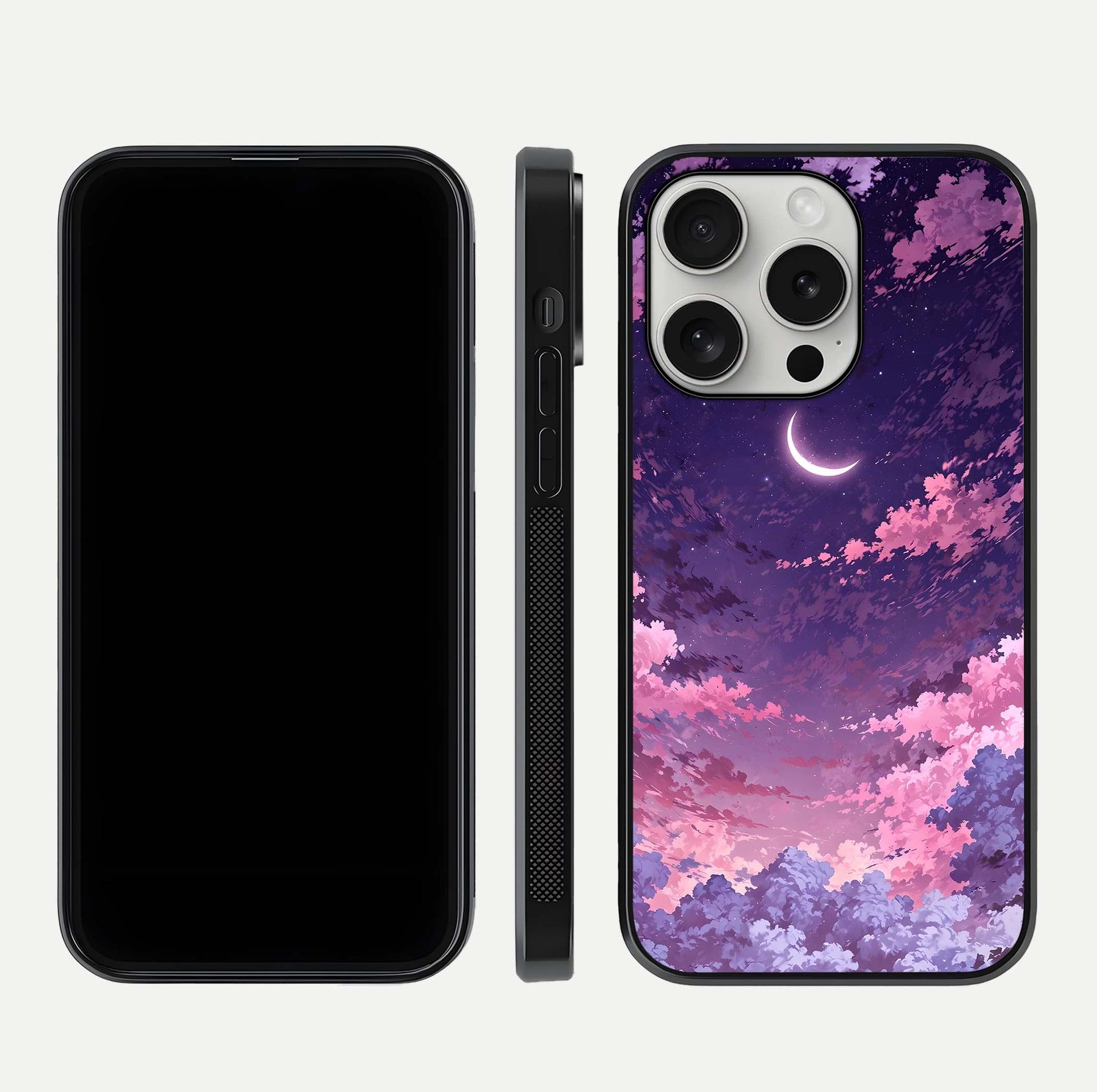 Sky Drift Clouds Glass Case for iPhone 16 Pro front & back layout showing sky tones and smooth edge design