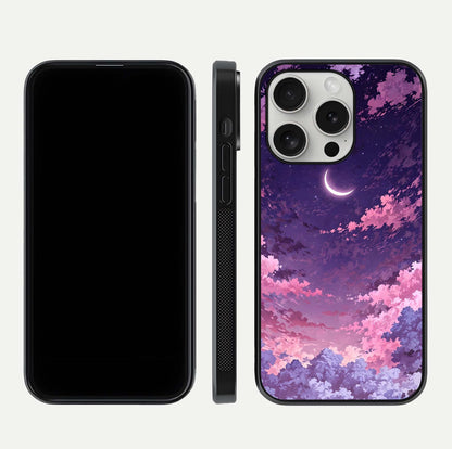Sky Drift Clouds Glass Case for iPhone 16 Pro front & back layout showing sky tones and smooth edge design