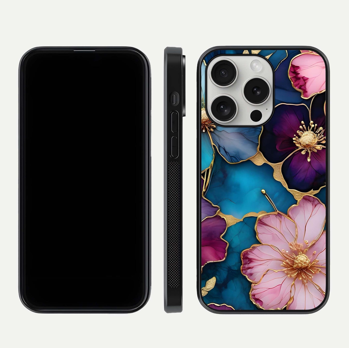 Sparkle Floral Glass Case for iPhone 16 Pro front & back layout showing floral print and edge clarity