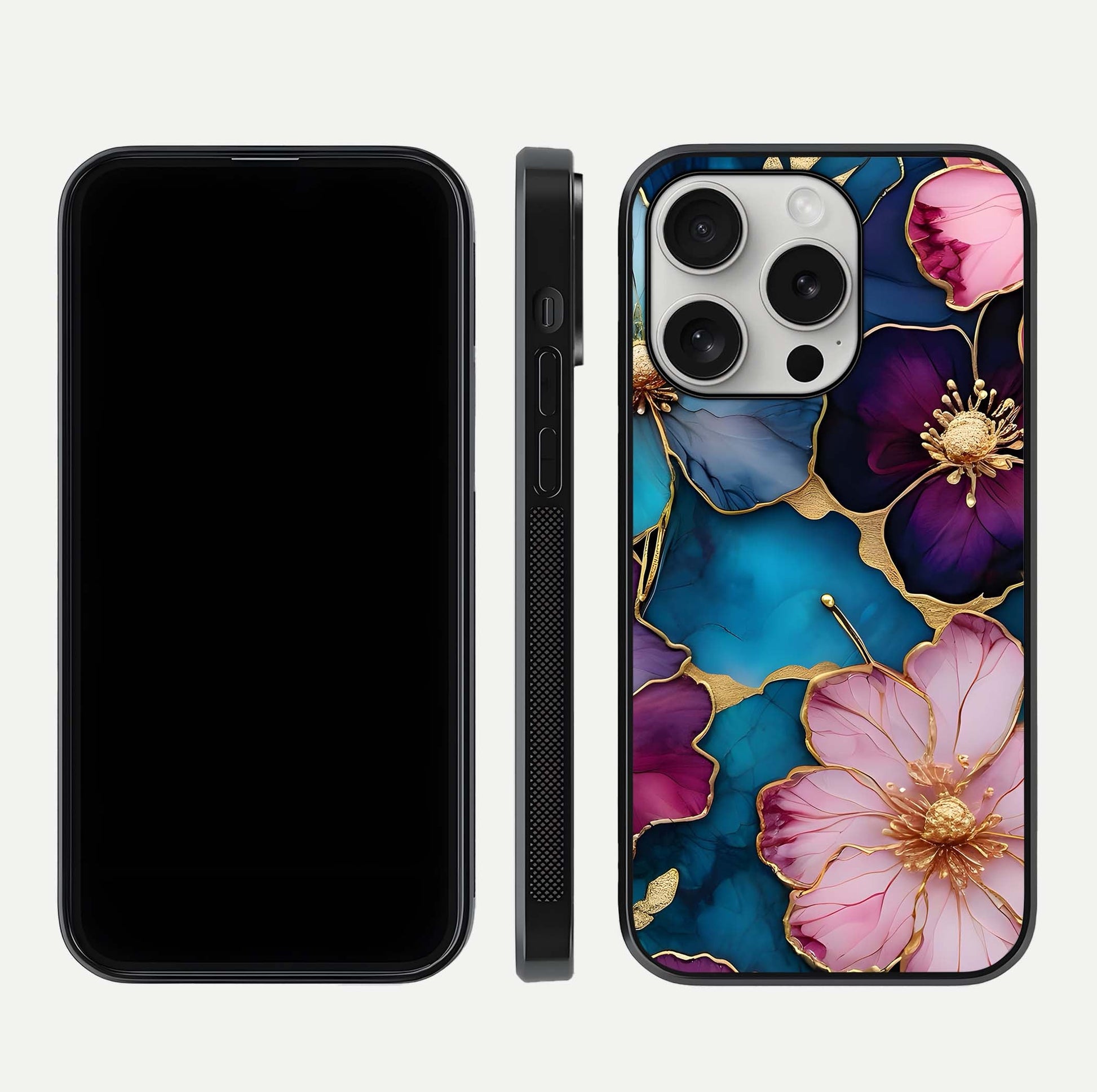 Sparkle Floral Glass Case for iPhone 16 Pro front & back layout showing floral print and edge clarity