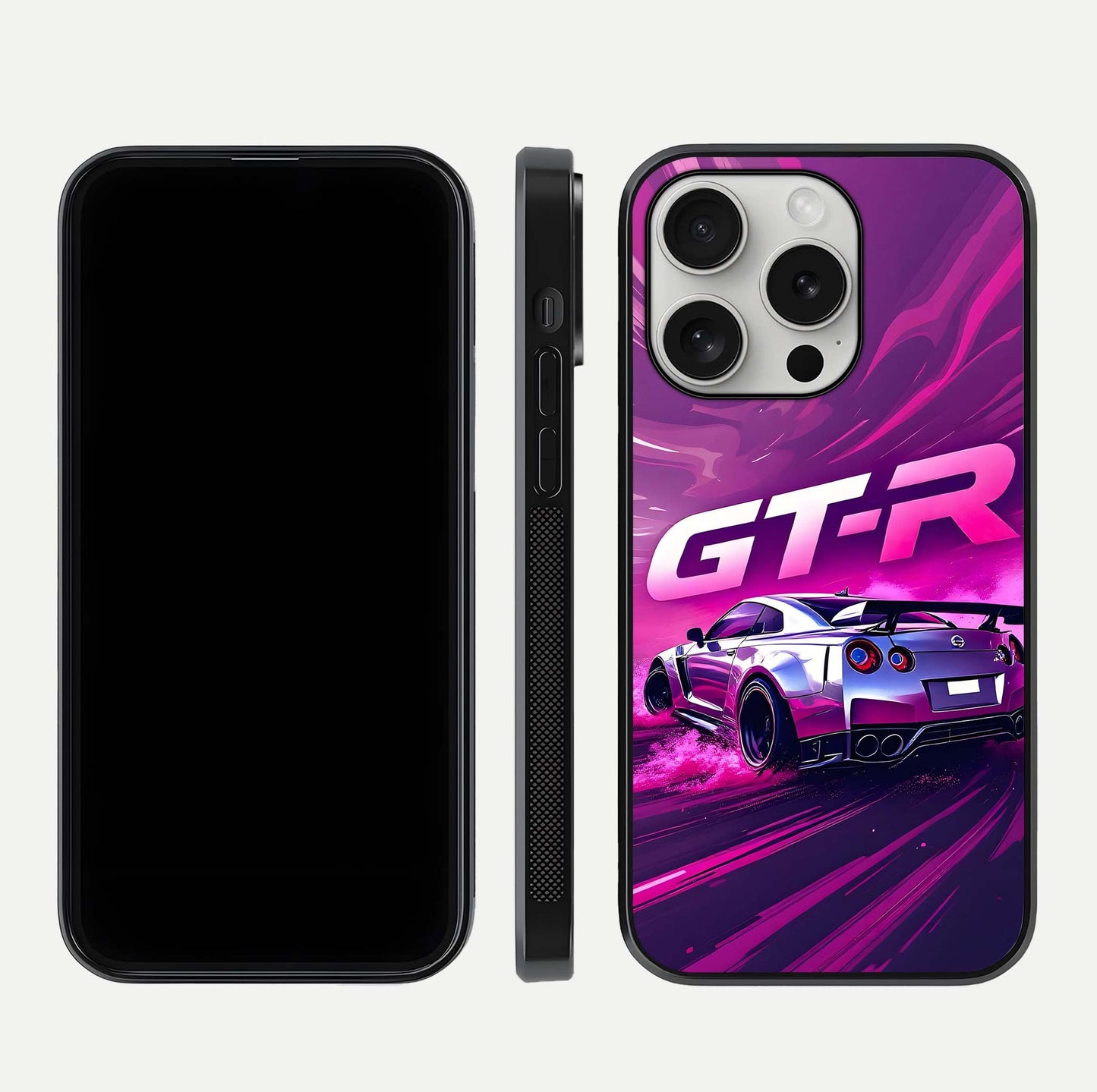 Speed Drift Legend Glass Case for iPhone 16 Pro front & back layout showing bold tones and smooth edges