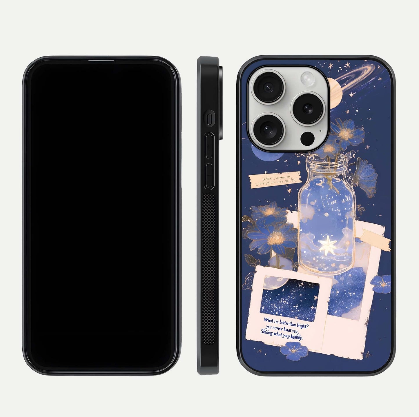 Starlit Cosmic Jar Glass Case for iPhone 16 Pro front & back layout showing cosmic pattern and curved glass edge