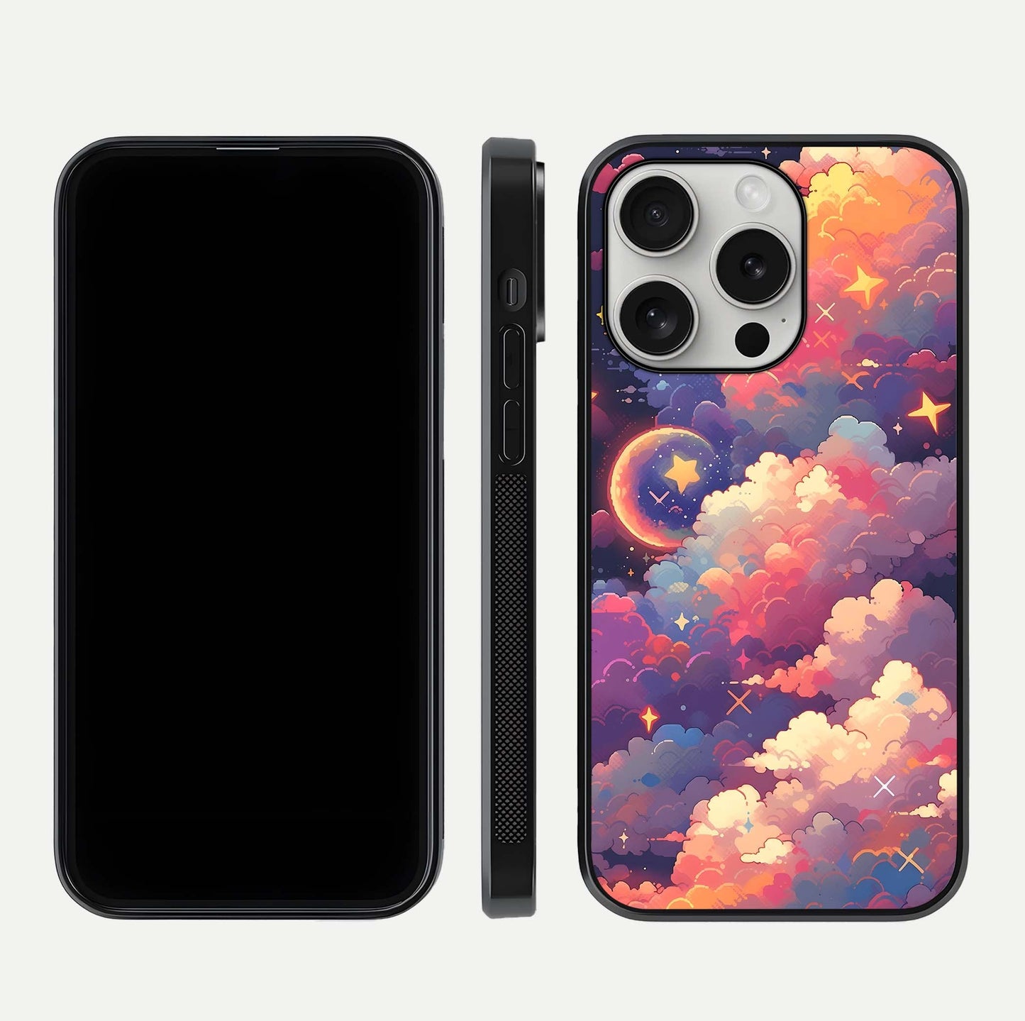 Starlit Dream Clouds Glass Case for iPhone 16 Pro front & back layout showing gradient tones and smooth edge