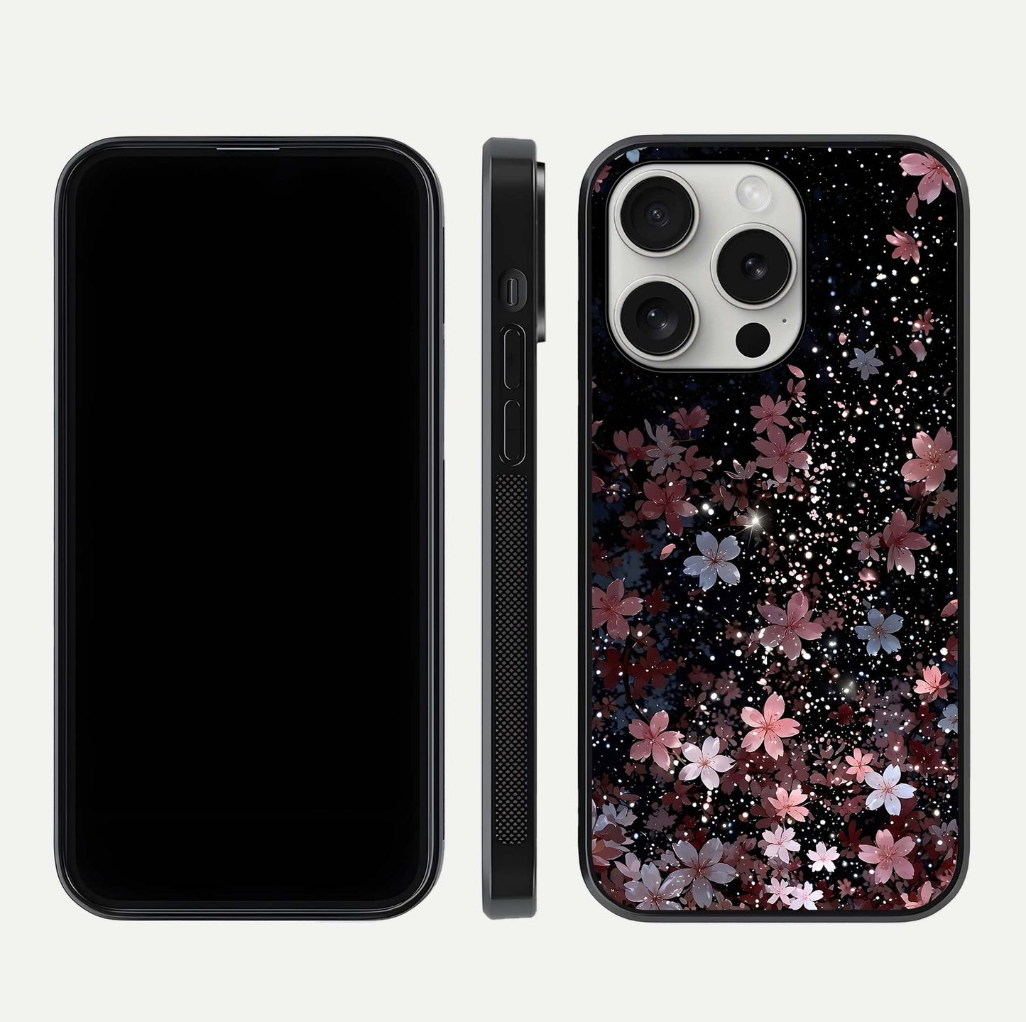 Starlit Flower Dreams Glass Case for iPhone 16 Pro front & back layout showing soft bloom design and curved edge