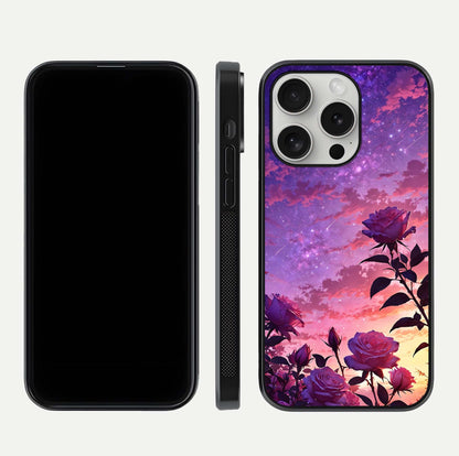 Starlit Rose Twilight Glass Case for iPhone 16 Pro front & back layout showing floral blend and glossy edge