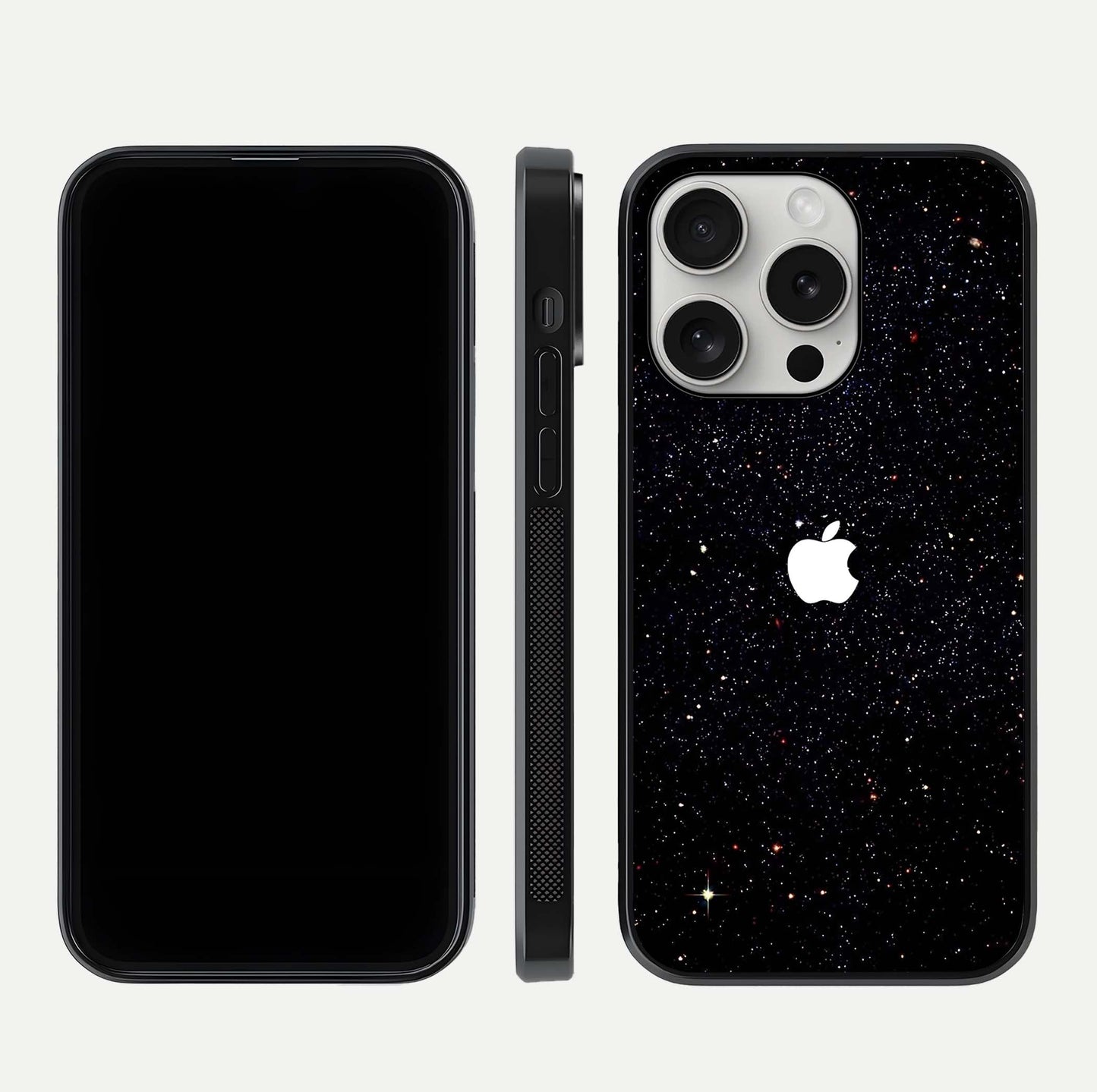 Starry Apple Galaxy Glass Case for iPhone 16 Pro front & back layout showing cosmic tones and sleek edge