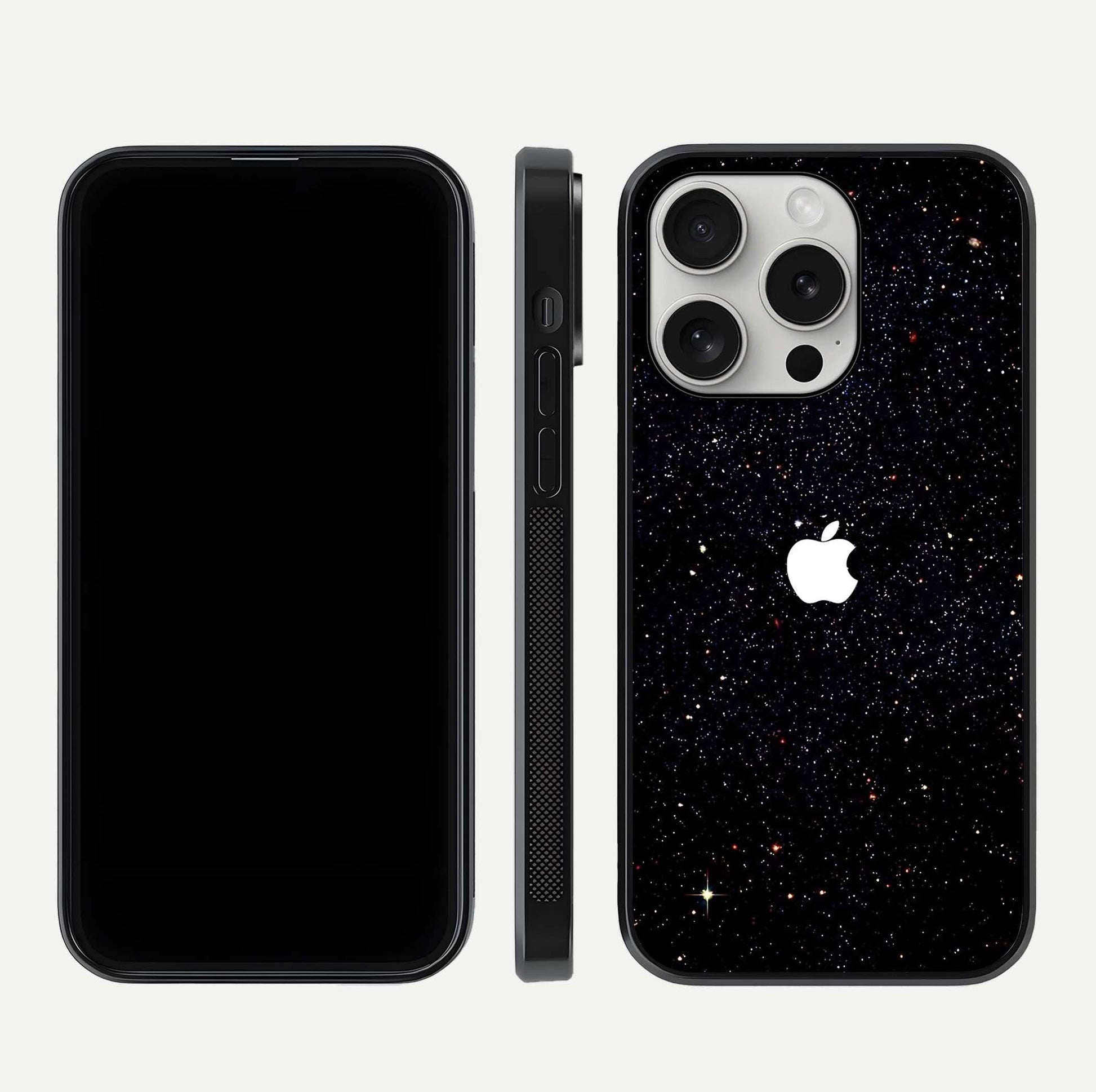 Starry Apple Galaxy Glass Case for iPhone 16 Pro front & back layout showing cosmic tones and sleek edge