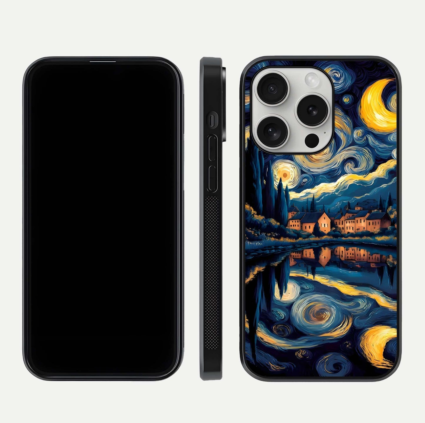 Starry Sky Serenity Glass Case for iPhone 16 Pro front & back layout showing stars and curved glass edges