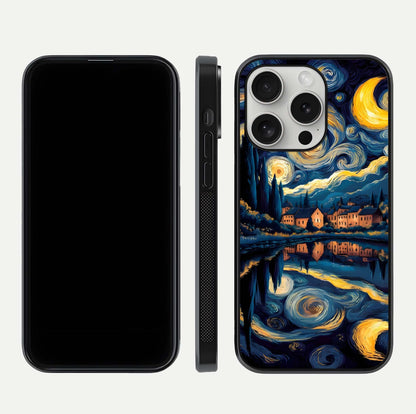 Starry Sky Serenity Glass Case for iPhone 16 Pro front & back layout showing stars and curved glass edges