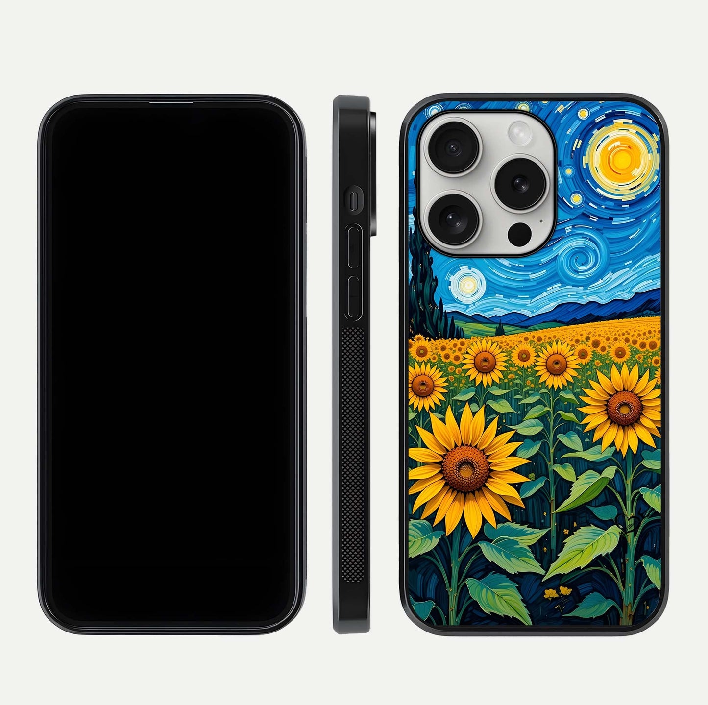 Starry Sunflower Dreams Glass Case for iPhone 16 Pro front & back layout showing floral blend and edge detail