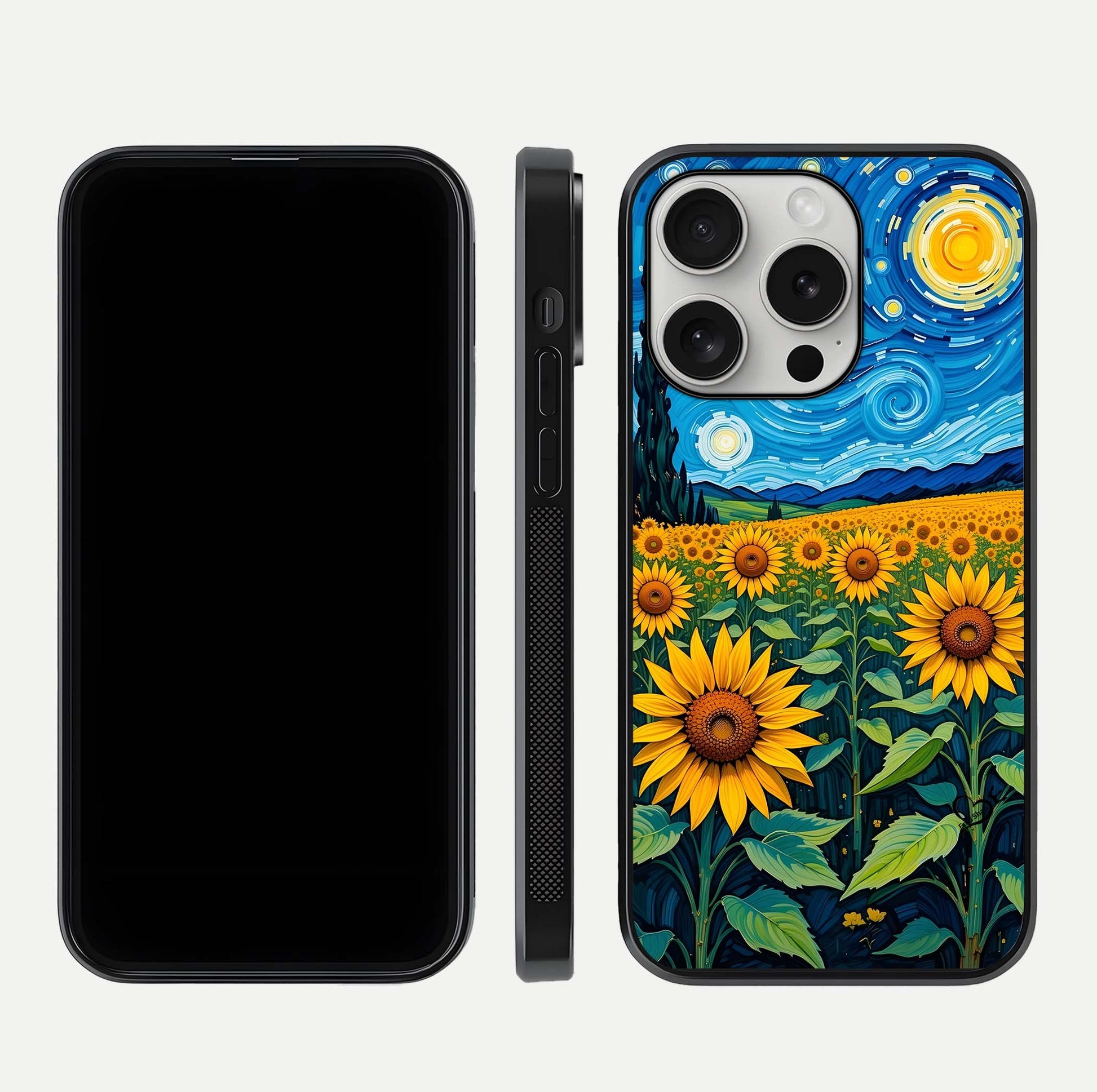 Starry Sunflower Dreams Glass Case for iPhone 16 Pro front & back layout showing floral blend and edge detail