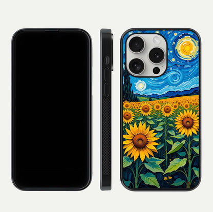 Starry Sunflower Dreams Glass Case for iPhone 16 Pro front & back layout showing floral blend and edge detail