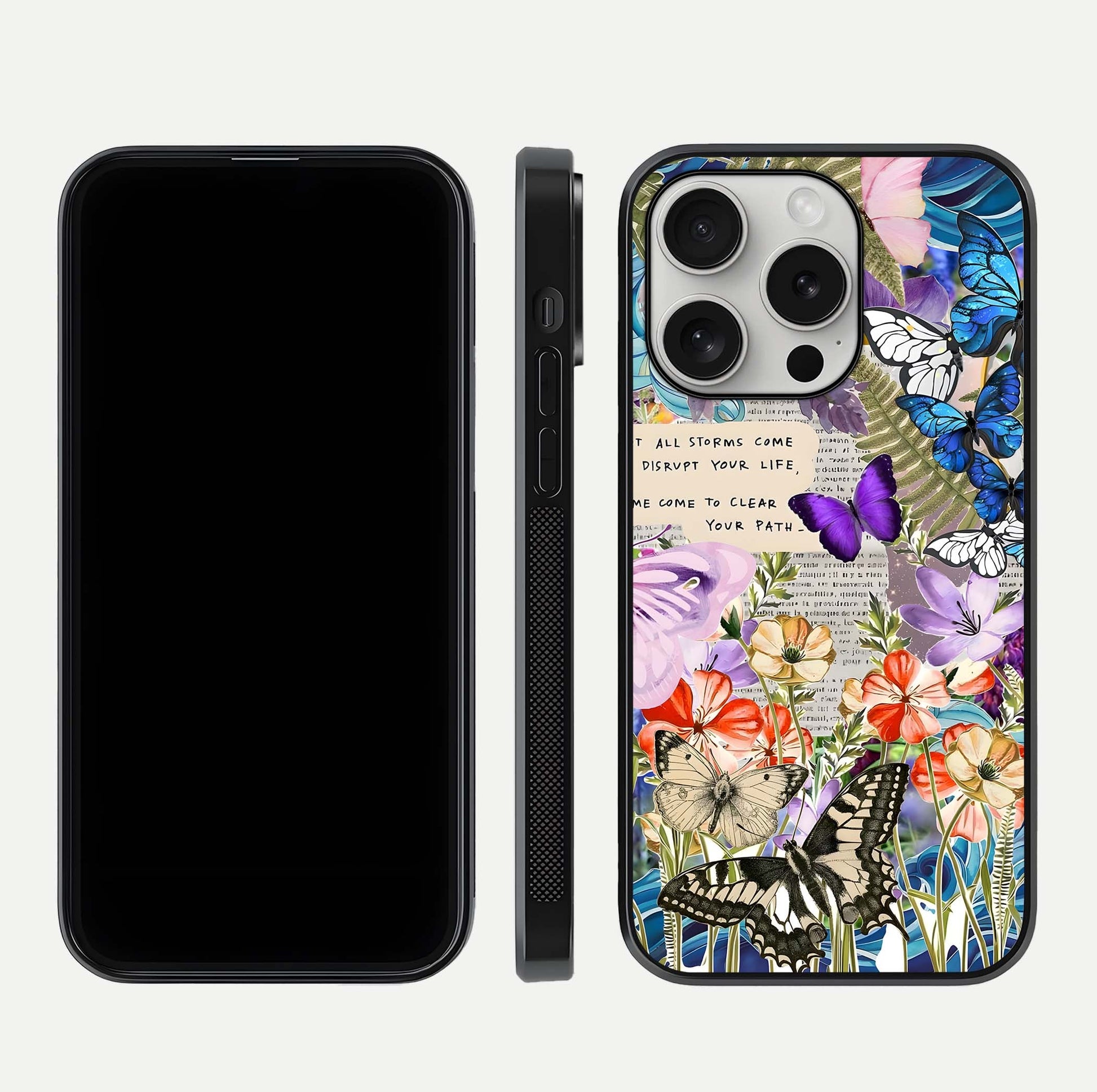 Storm Path Bloom Glass Case for iPhone 16 Pro front & back layout showing moody floral blend and edges