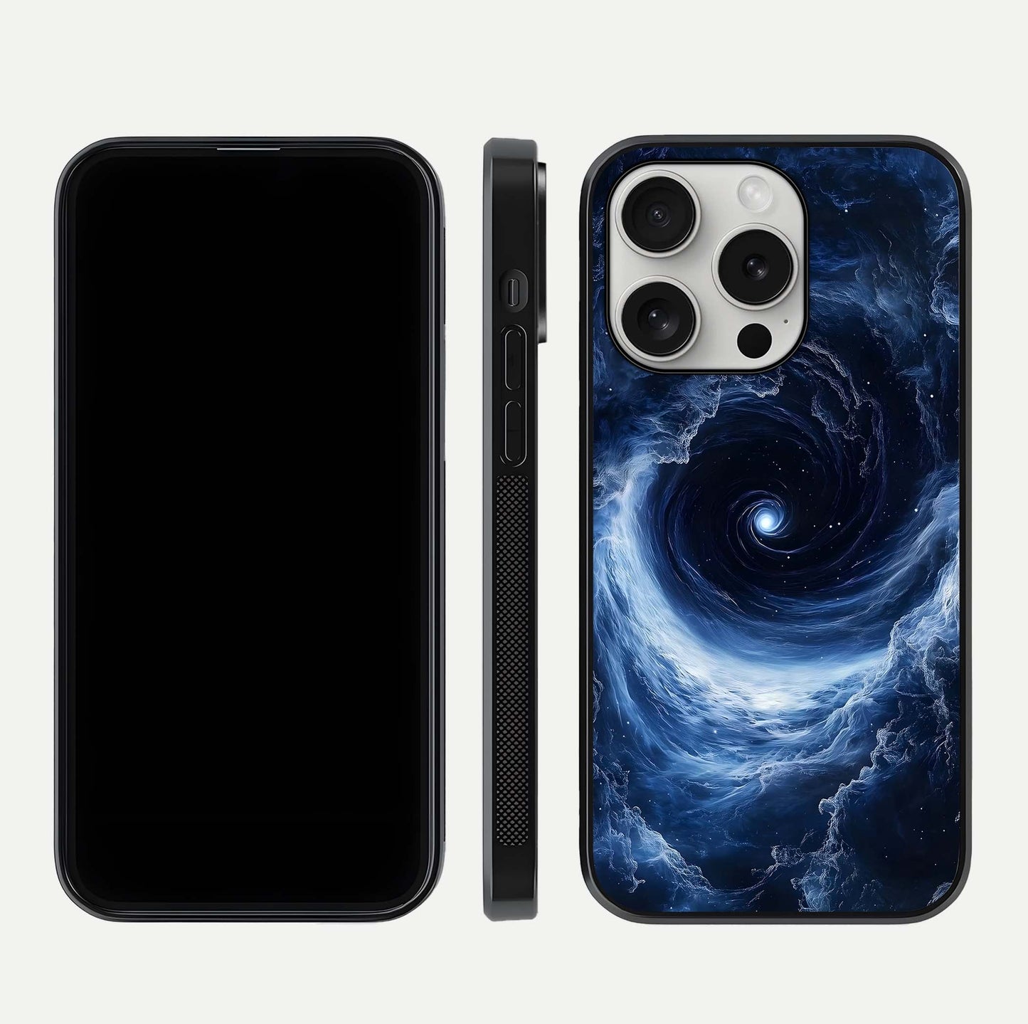 Stunning Galaxy Glass Case for iPhone 16 Pro front & back layout showing deep cosmic hues and clean edges