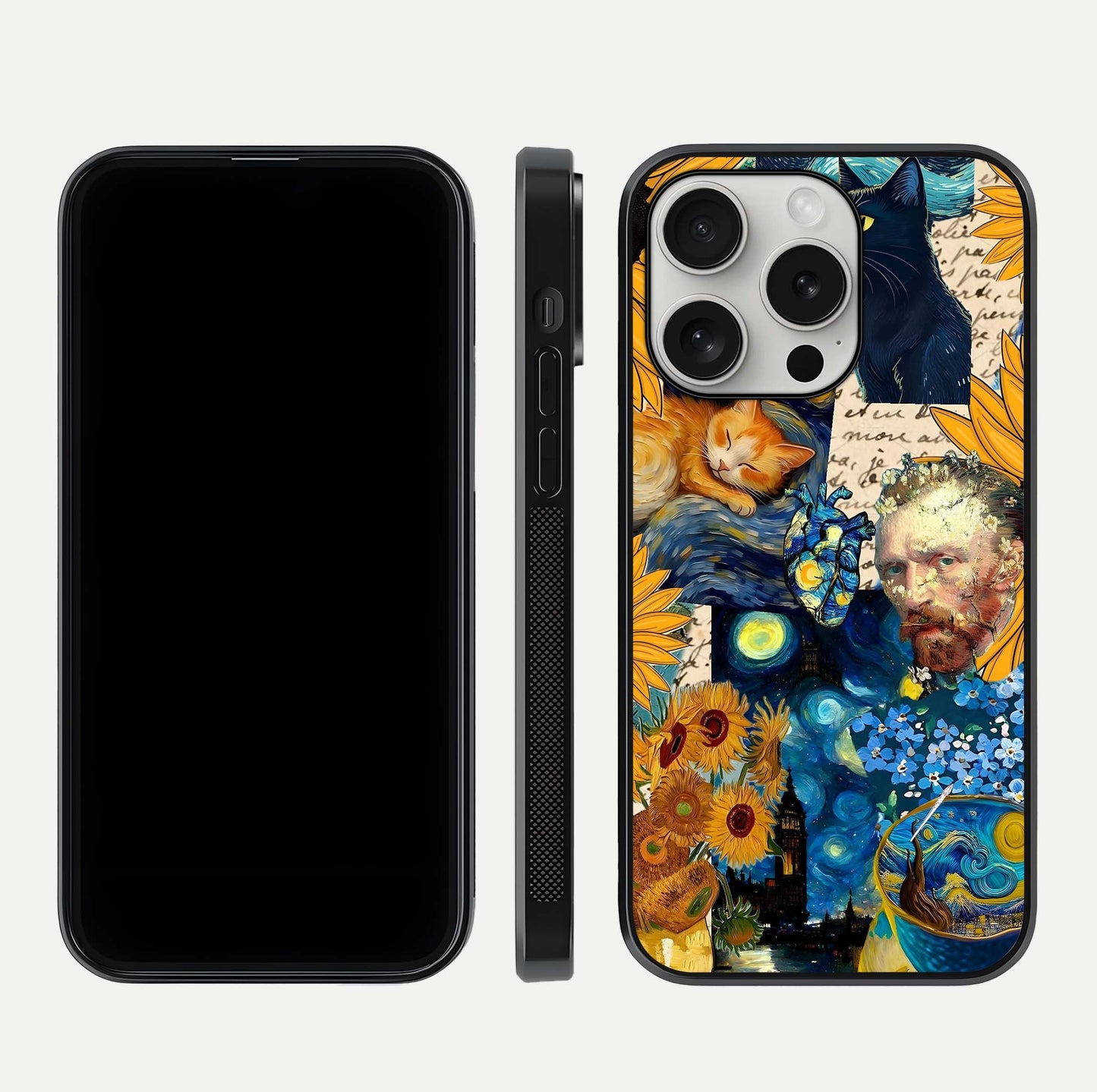 Sunflower Cat Art Glass Case for iPhone 16 Pro front & back layout showing detailed floral cat design and edges