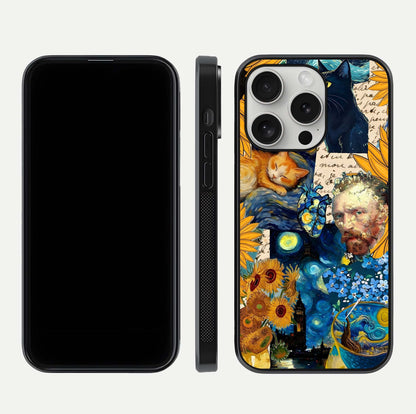 Sunflower Cat Art Glass Case for iPhone 16 Pro front & back layout showing detailed floral cat design and edges
