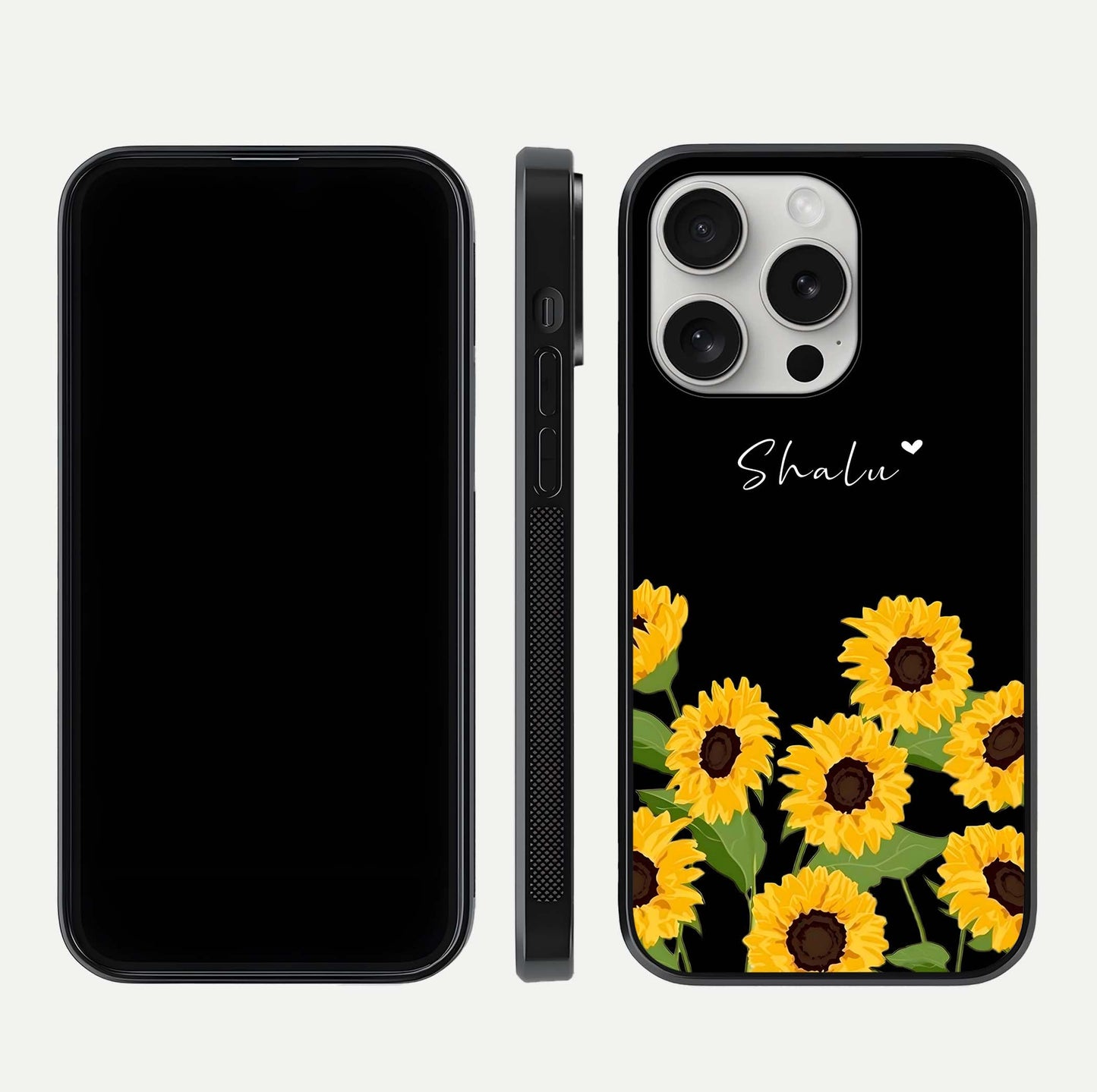 Sunflower Chic Mood Custom Name Glass Case for iPhone 16 Pro front & back layout highlighting custom text zone and shine