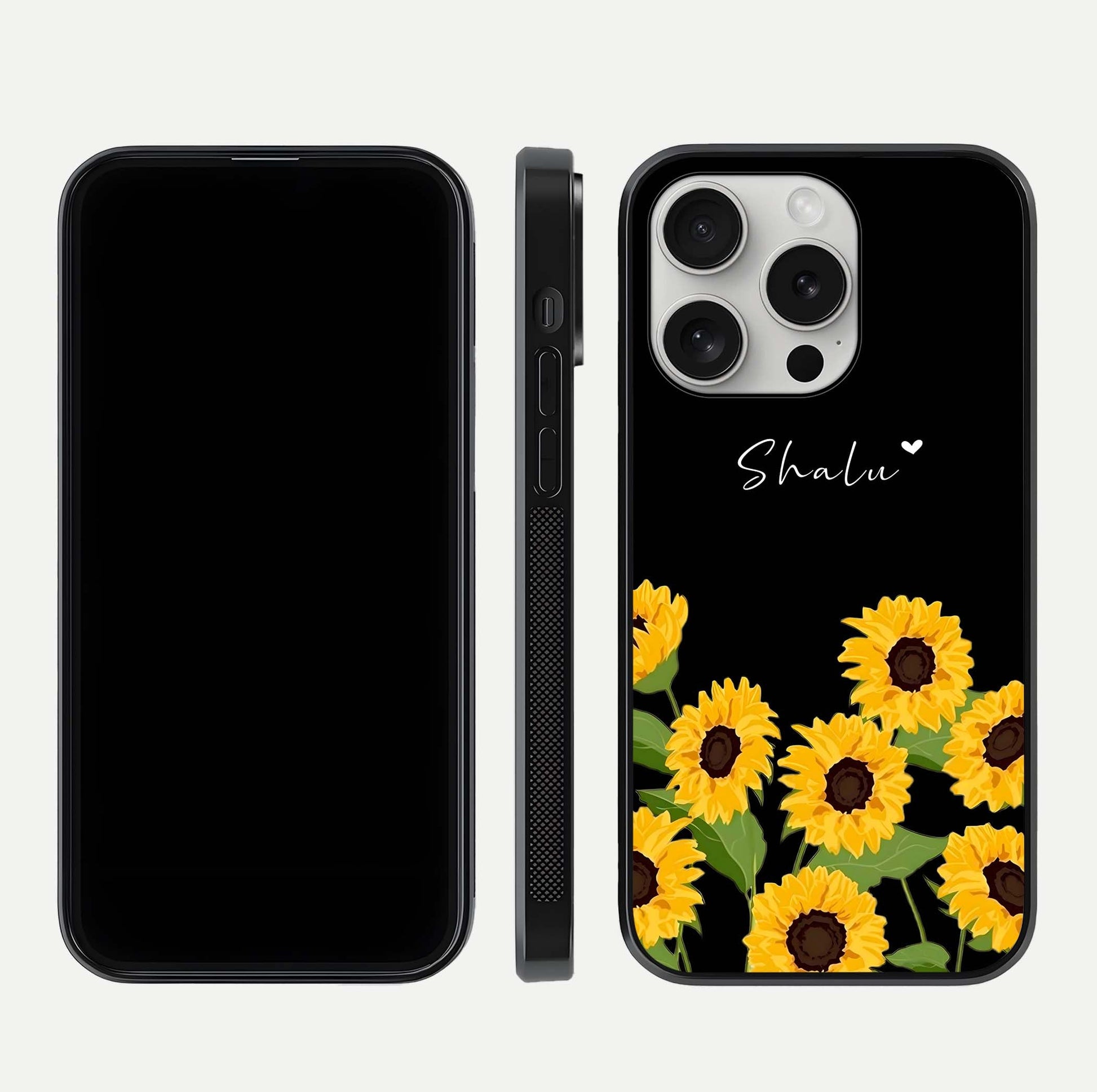 Sunflower Chic Mood Custom Name Glass Case for iPhone 16 Pro front & back layout highlighting custom text zone and shine