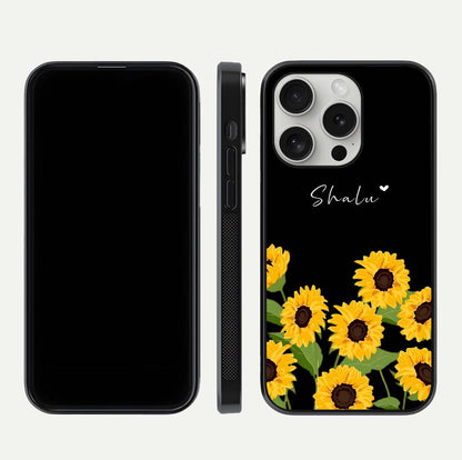 Sunflower Chic Mood Custom Name Glass Case for iPhone 16 Pro front & back layout highlighting custom text zone and shine