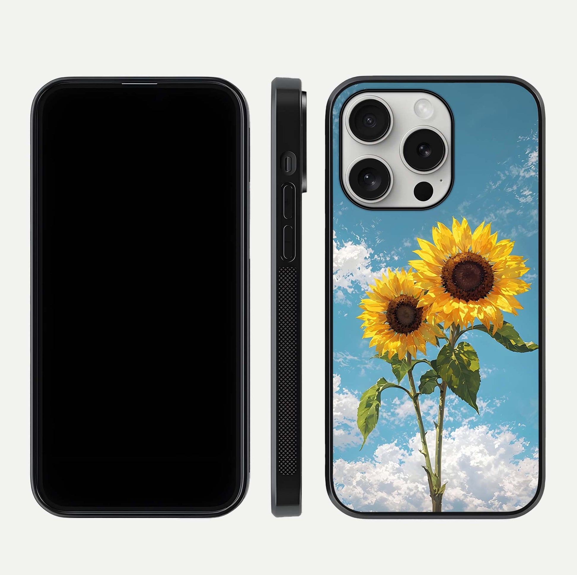 Sunflower Sky Bloom Glass Case for iPhone 16 Pro front & back layout showing soft blue tones and flower contrast