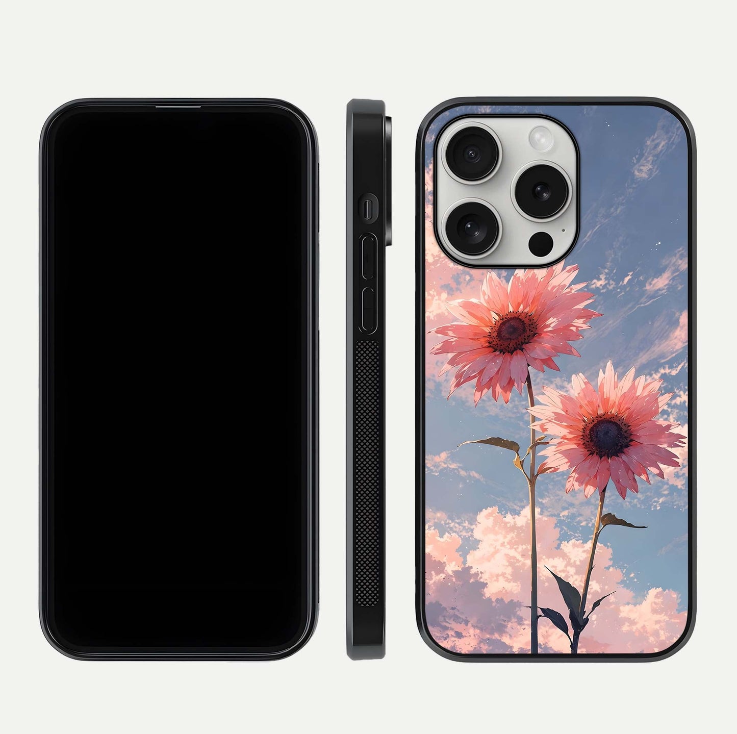 Sunlit Daisy Glow Glass Case for iPhone 16 Pro front & back layout showing vibrant sunlight hues and clean edge