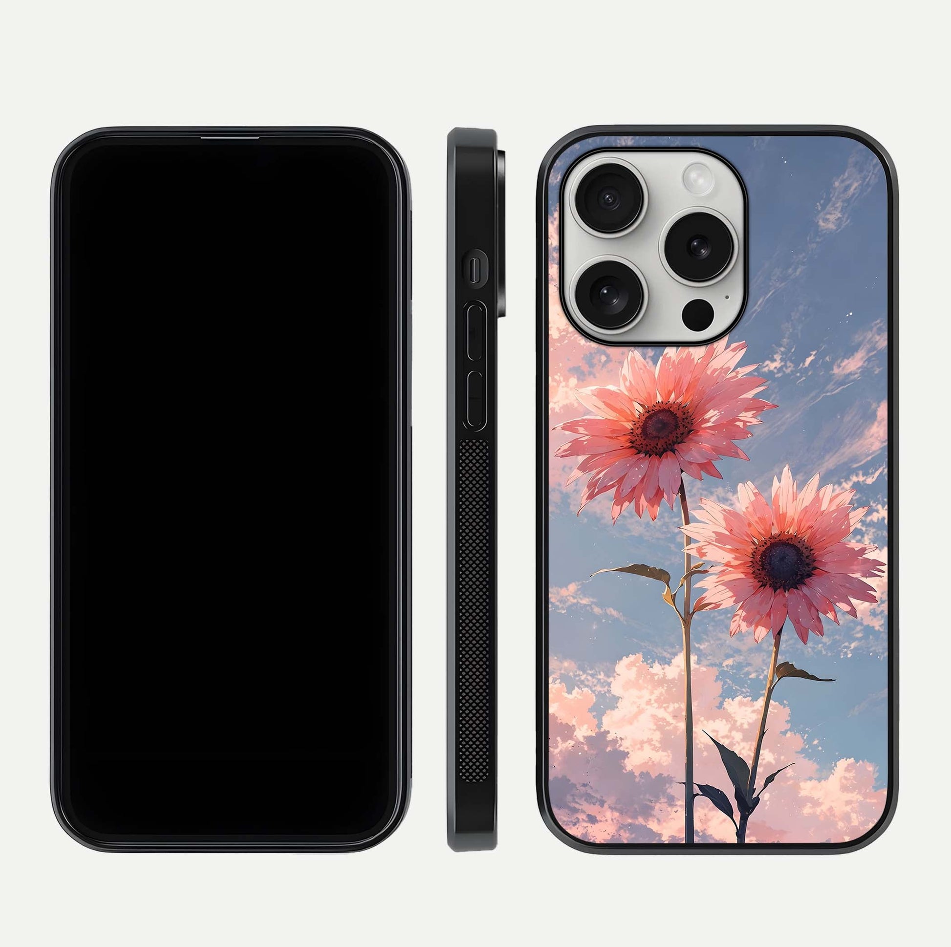 Sunlit Daisy Glow Glass Case for iPhone 16 Pro front & back layout showing vibrant sunlight hues and clean edge
