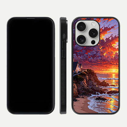 Sunset House by Sea Glass Case for iPhone 16 Pro front & back layout showing scenic gradient and curved edge
