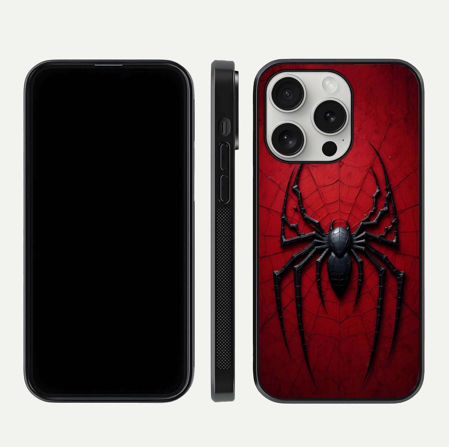 Venom Web Emblem Glass Case for iPhone 16 Pro front & back layout showing contrast art and curved glass edges