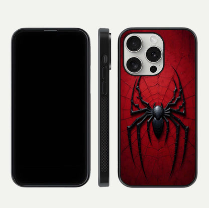 Venom Web Emblem Glass Case for iPhone 16 Pro front & back layout showing contrast art and curved glass edges