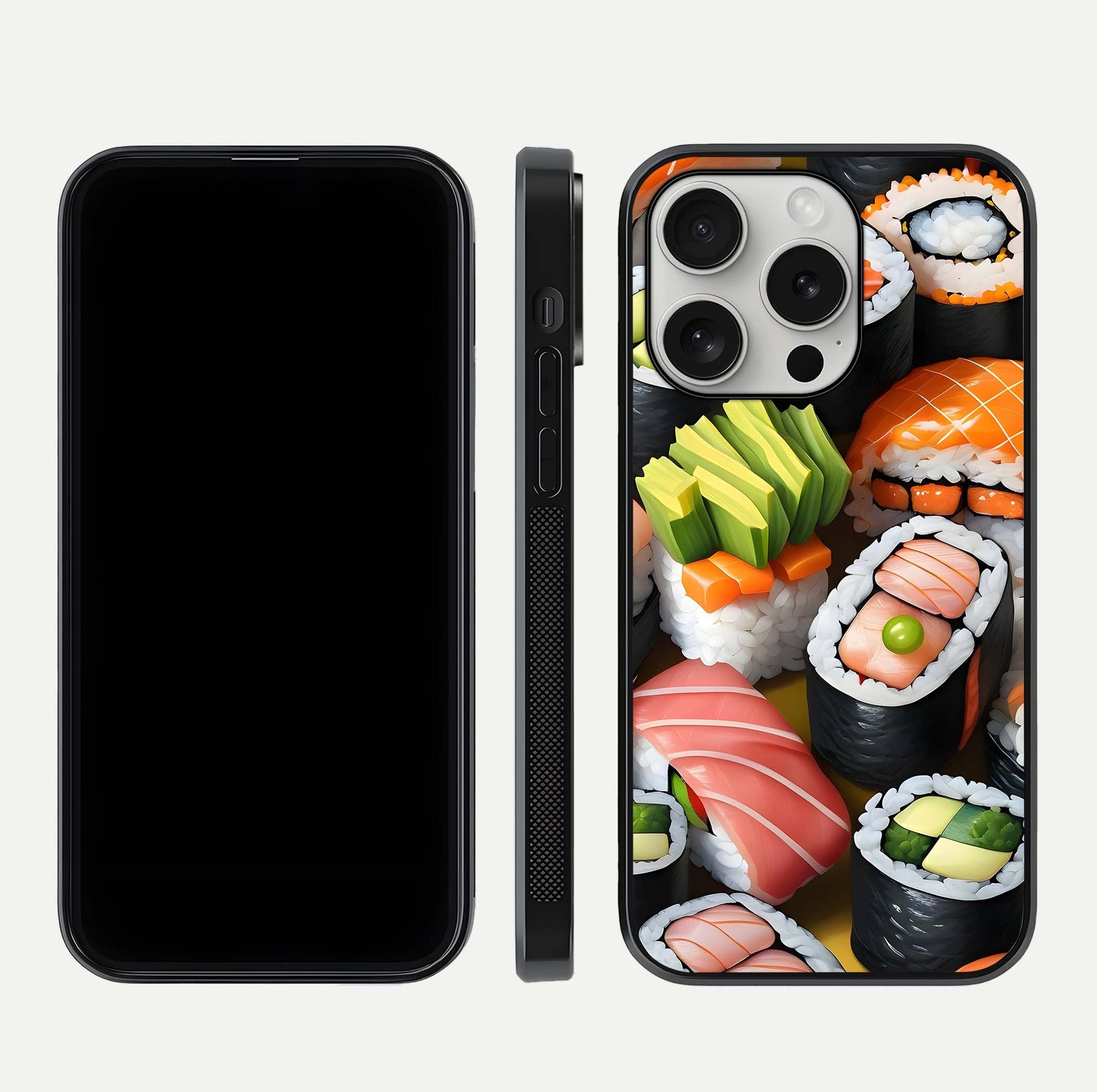 Sushi Food Pattern Glass Case for iPhone 16 Pro front & back layout showing playful food theme and clear edges