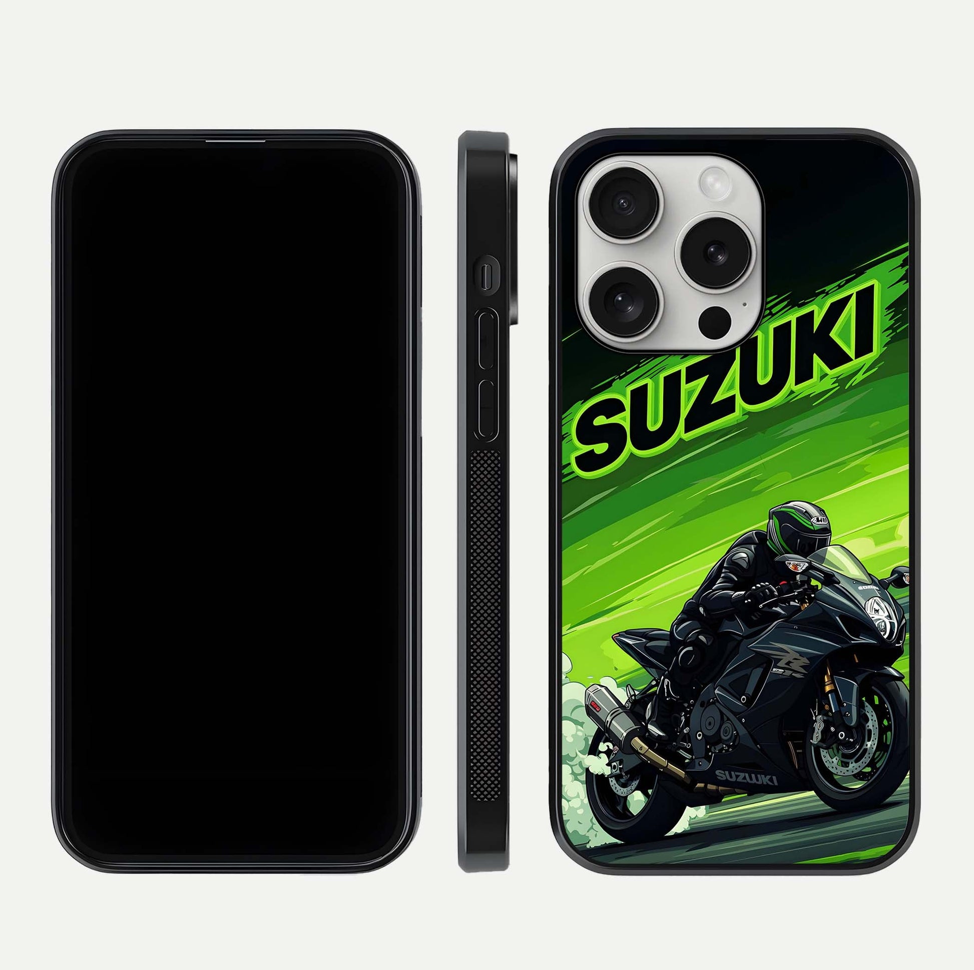Suzuki Speed Beast Glass Case for iPhone 16 Pro front & back layout showing motion blur and sleek edges