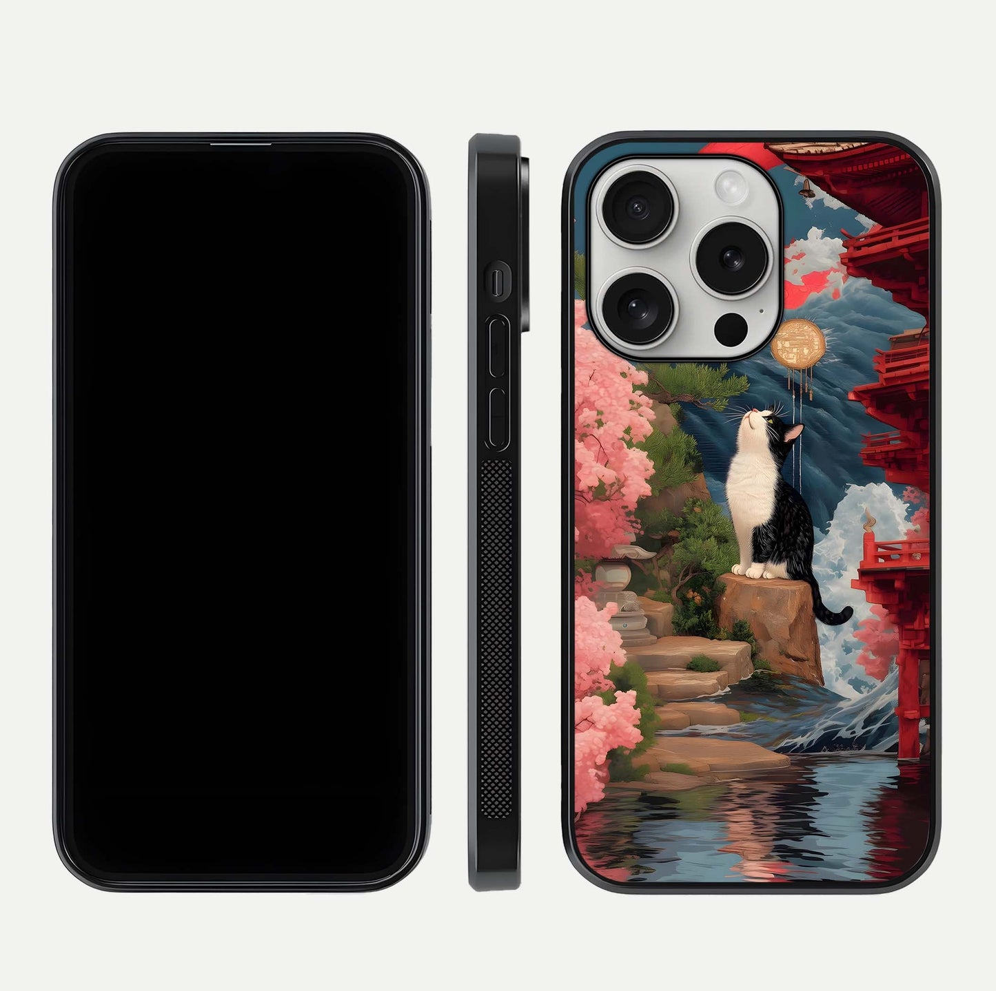 Temple Cat Scenery Glass Case for iPhone 16 Pro front & back layout showing scenic print and edge design
