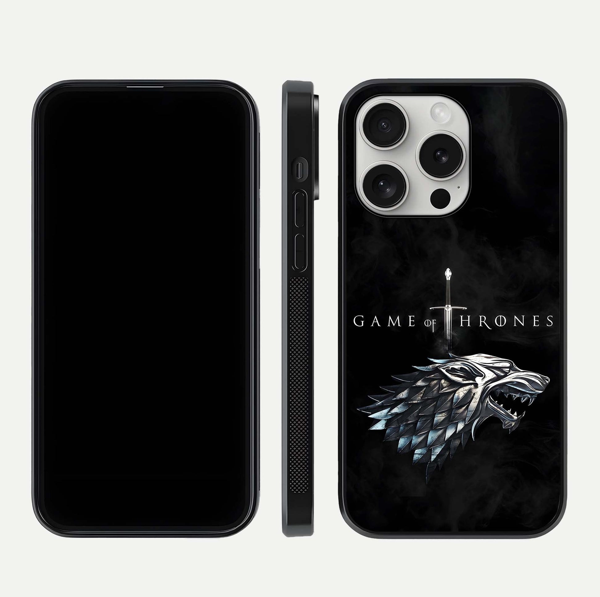 Throne Wolf Legacy Glass Case for iPhone 16 Pro front & back layout showing bold pattern and sharp edge
