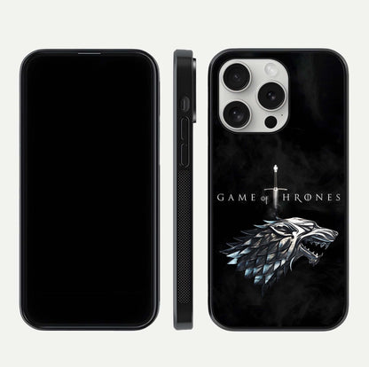 Throne Wolf Legacy Glass Case for iPhone 16 Pro front & back layout showing bold pattern and sharp edge