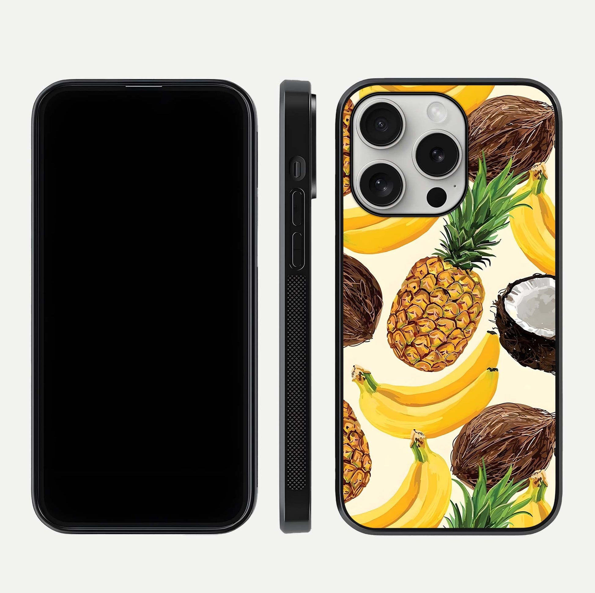 Tropical Fruit Mood Glass Case for iPhone 16 Pro front & back layout showing playful tones and clean edge